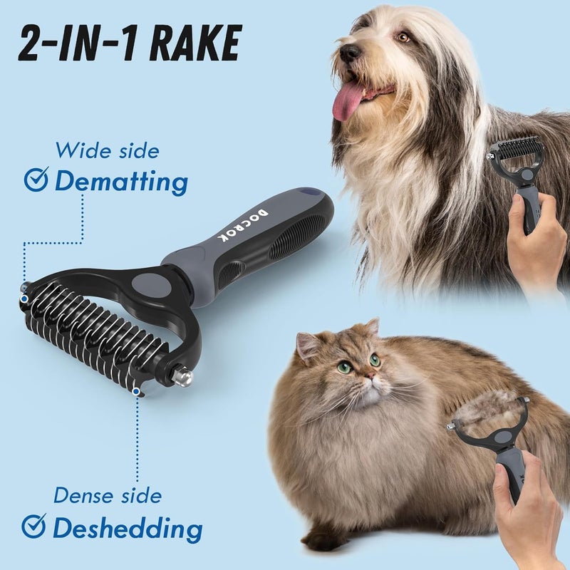 Docrok Pet Grooming Brush and Metal Comb Combo, Cat Brush Dog Brush for Shedding, Undercoat Rake for Dogs Grooming, Dematting Deshedding Brush Dogs Shedding Tool for Long matted Haired Pets, Gray - Image 2